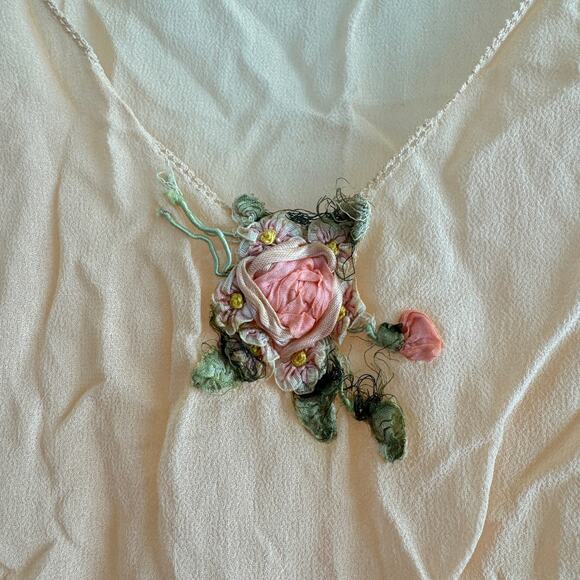 Antique 1920's Belted Scalloped Hem Floral Embroidered Slip Dress Vintage - Picture 4 of 6